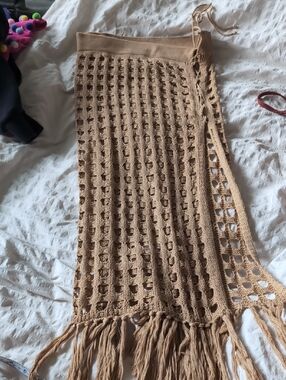 Crochet Fringe Maxi Skirt in Tan